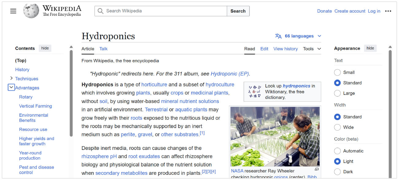 Page Wikipédia sur l'hydroponie