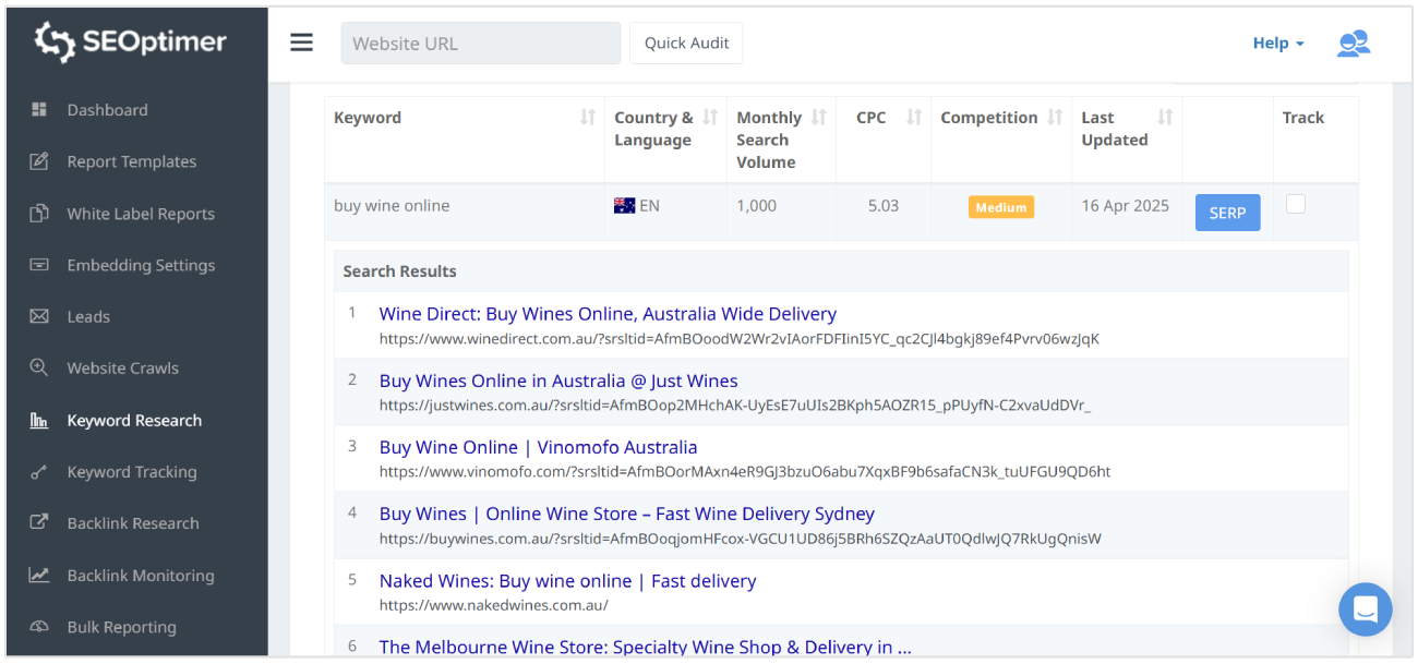 Comprar vino en línea SERP