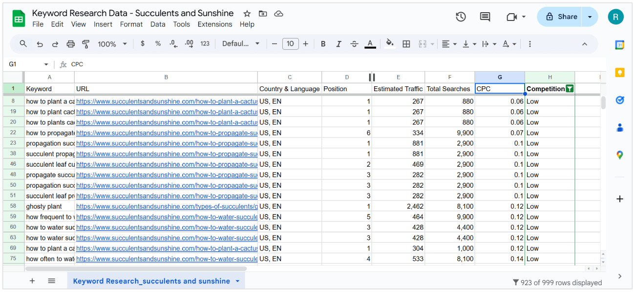 Keyword-Recherche-Blatt
