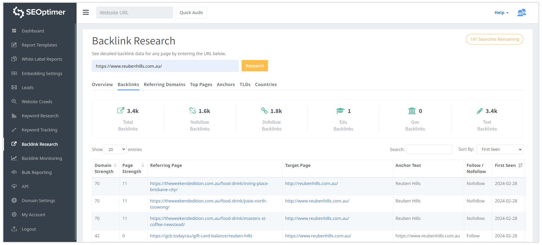 Strumento di ricerca backlink SEOptimer