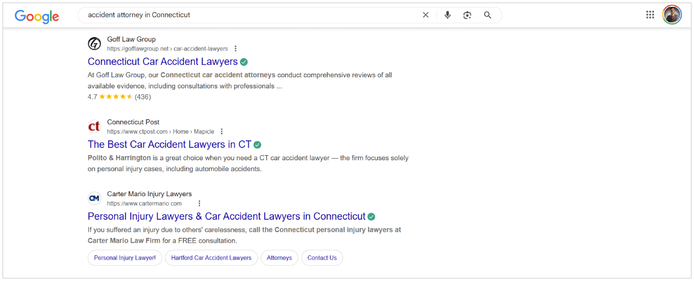 Car accident attorney connecticut SERP