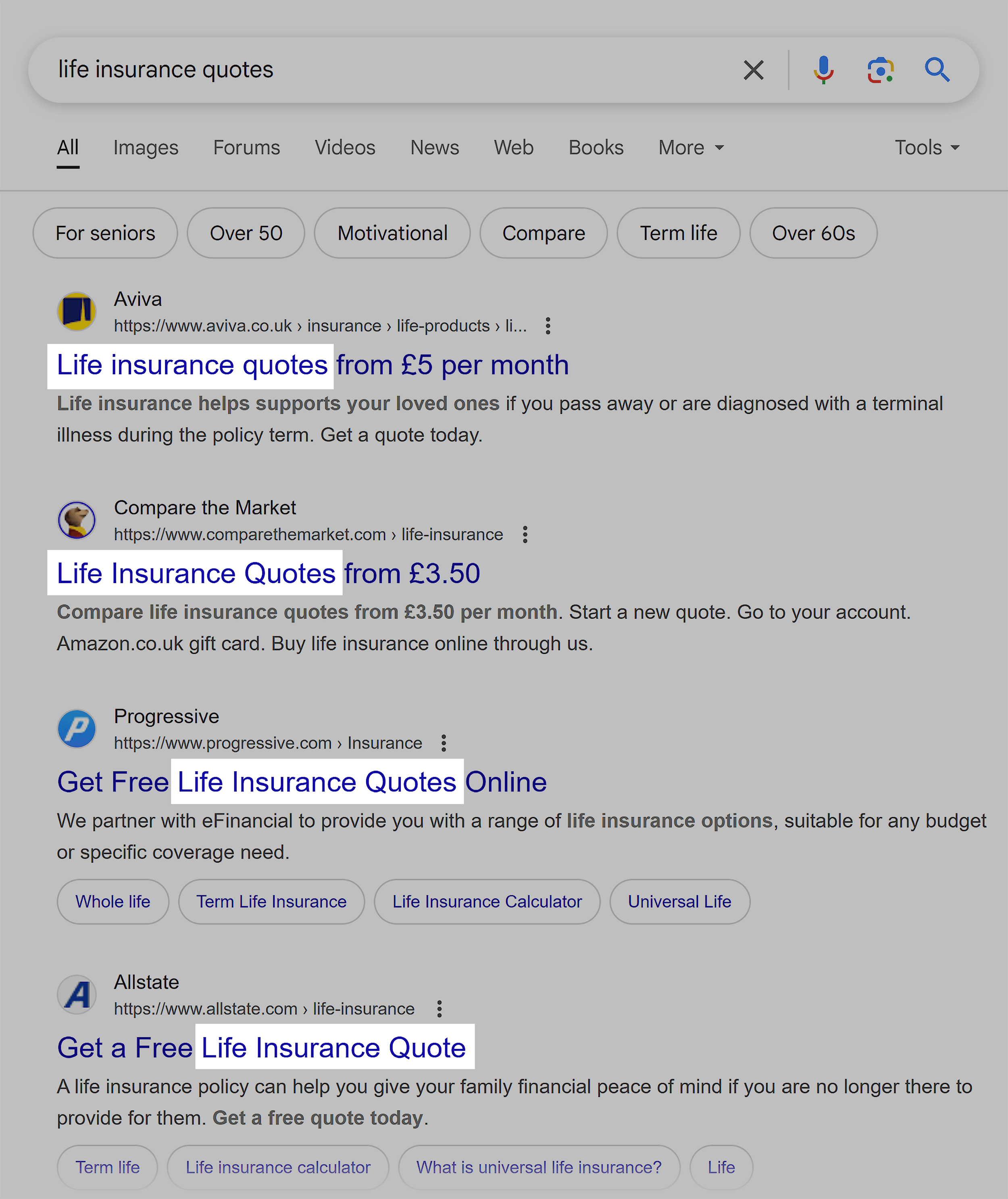 Google SERP – Life insurance quotes Google SERP – Life insurance quotes