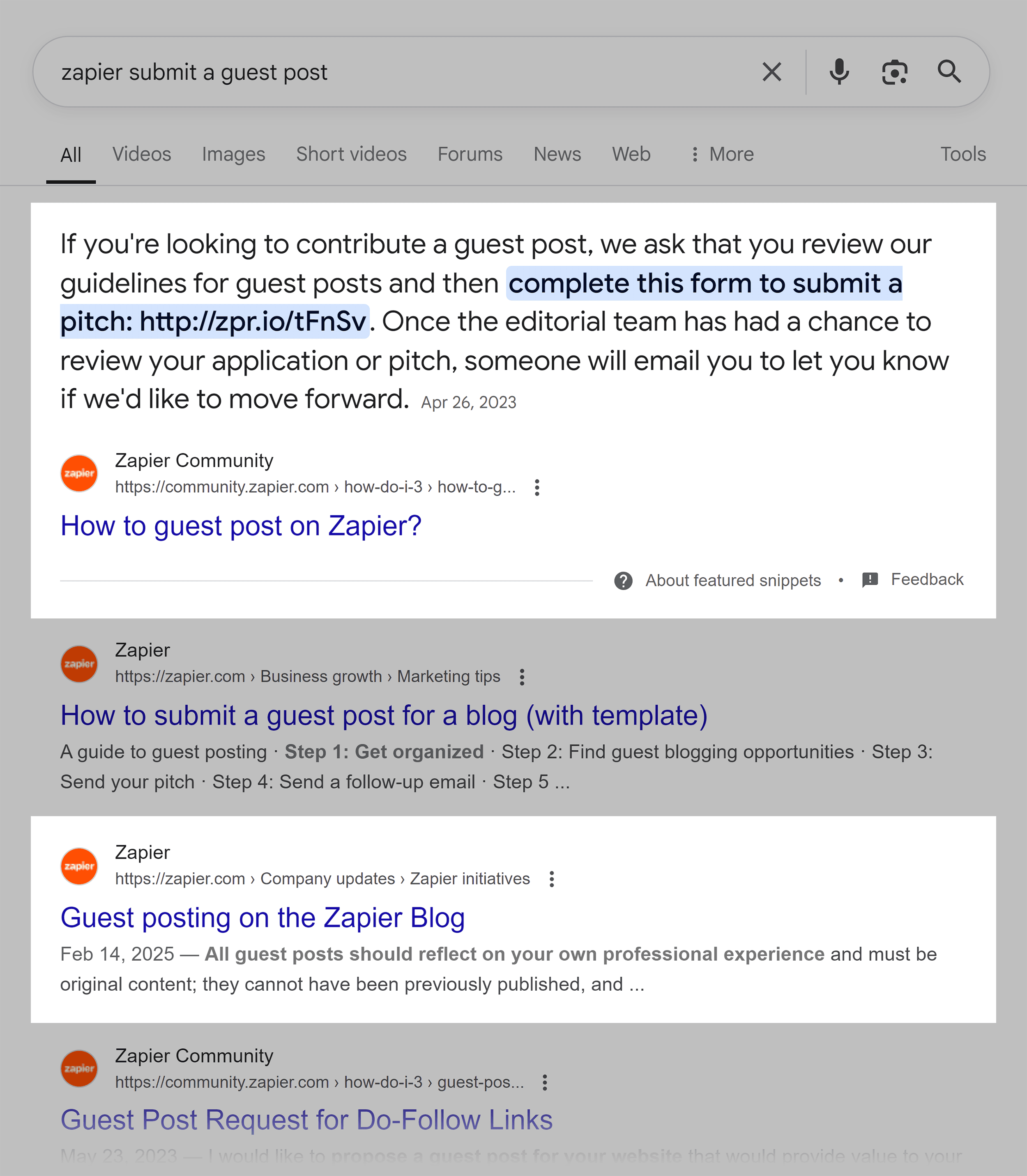 Google SERP – Zapier submit a guest post