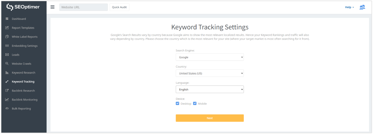 Keyword Tracking Settings