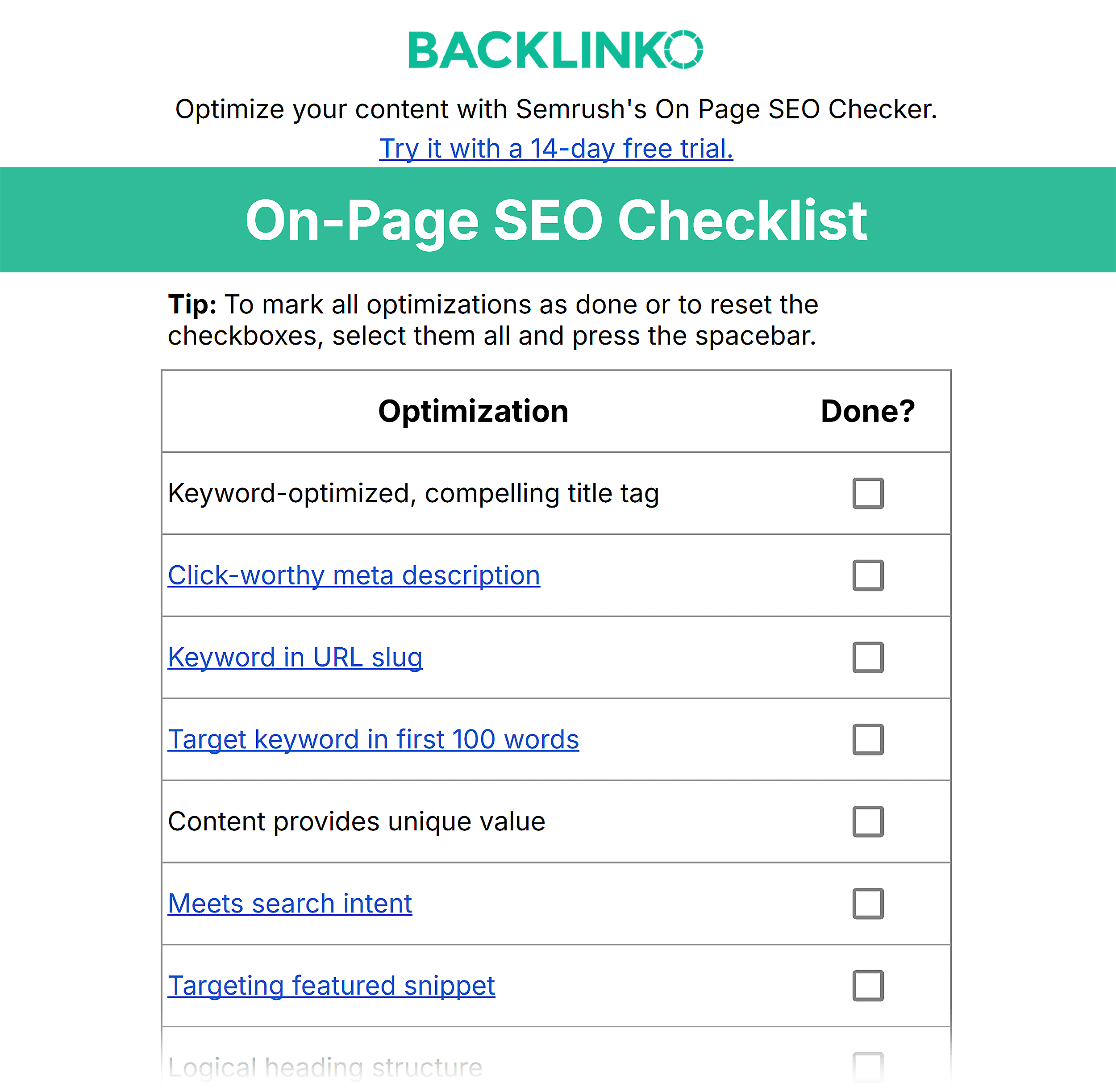 On-page SEO Checklist On-page SEO Checklist
