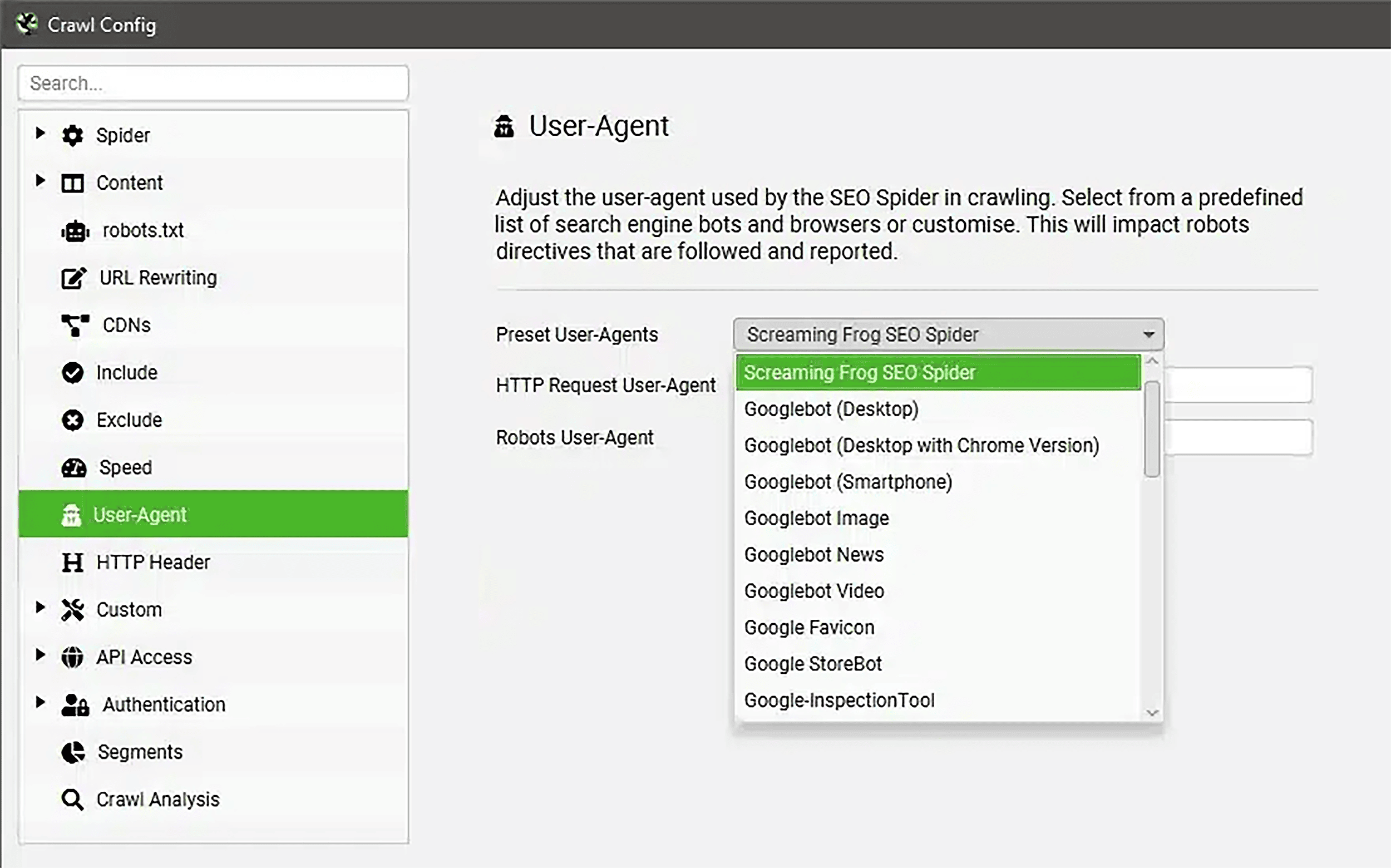 Screaming Frog – User-Agent Screaming Frog – User-Agent