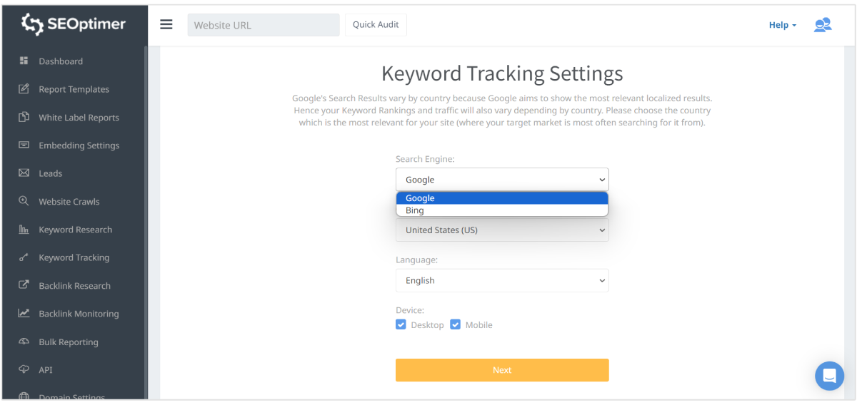 SEOptimer keyword tracking